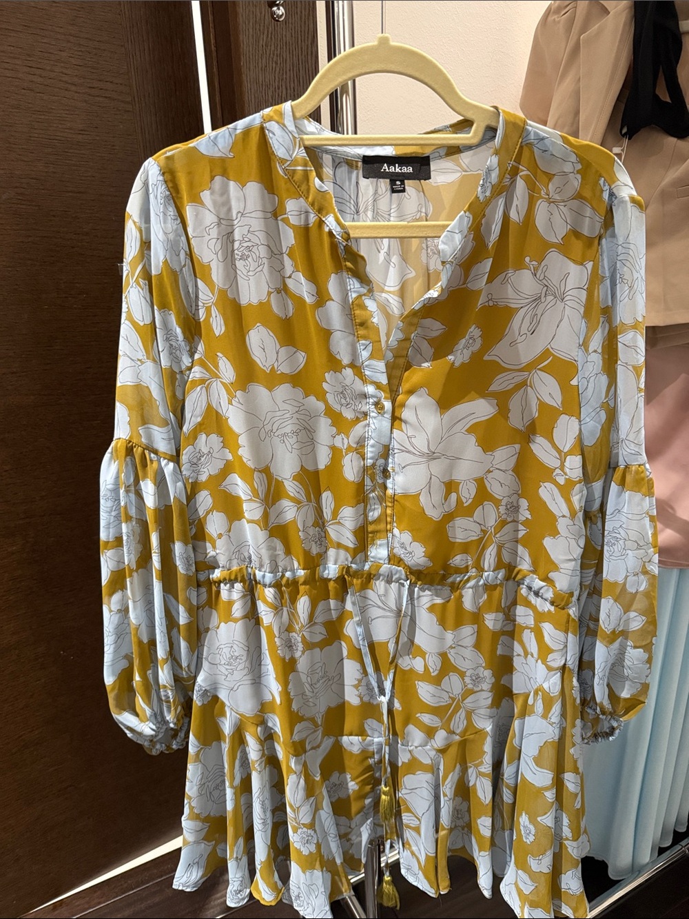 Aakaa Mustard and White Floral Tiered Button-Front Dress